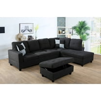 Golden Furniture 3 PCS L-Shaped Sectional Couch Sofa Set, Linen Fabric Living Room Set with Storage Ottoman and Match Pillows