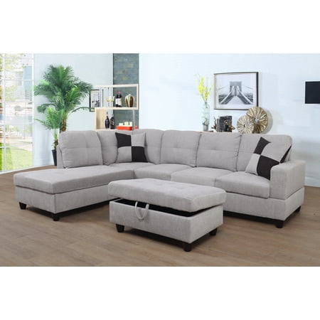 Golden Furniture 3 PCS L-Shaped Sectional Couch Sofa Set, Linen Fabric Living Room Set with Storage Ottoman and Match Pillows