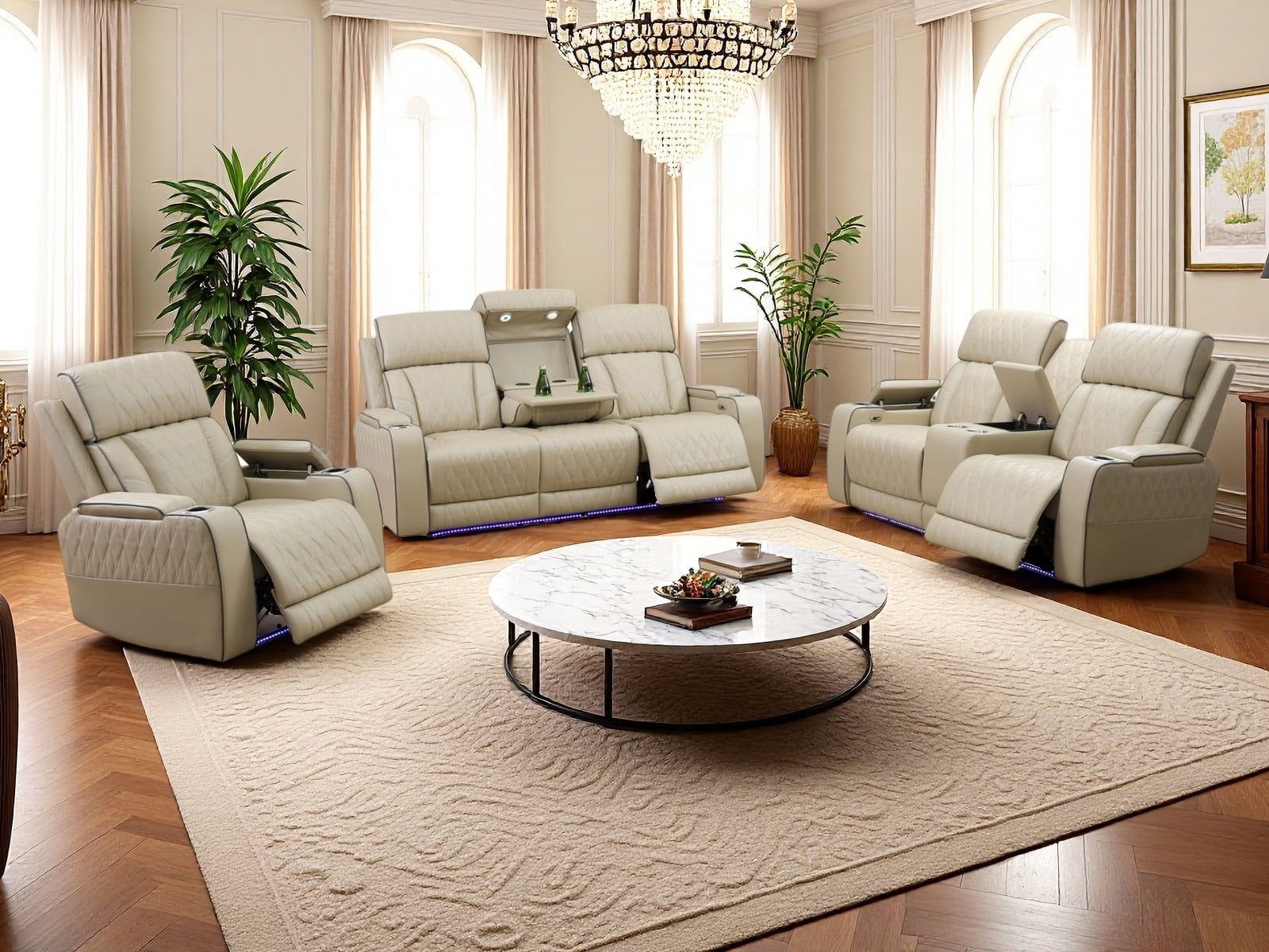 Golden Furniture 3-Piece Beige Breathing Leather Power Reclining Living Room Sofa Set
