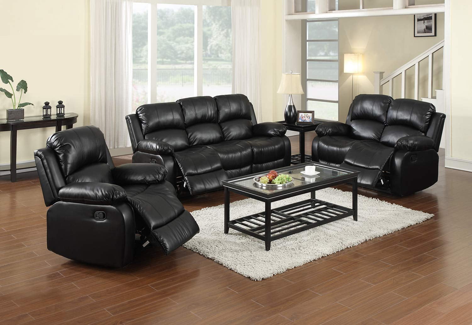 Golden Furniture 3 Piece Contemporary Faux Leather Reclining Living Room Set Black