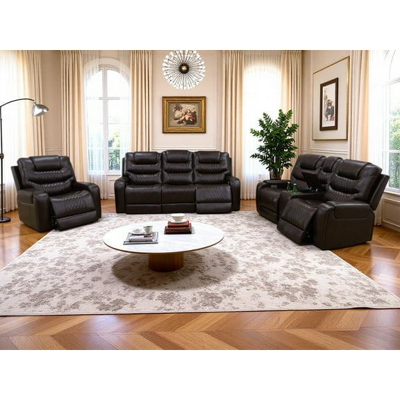 Golden Furniture 3-Piece Dark Brown Breathing Leather Electric Power Recliner Living Room LED Sofa Set