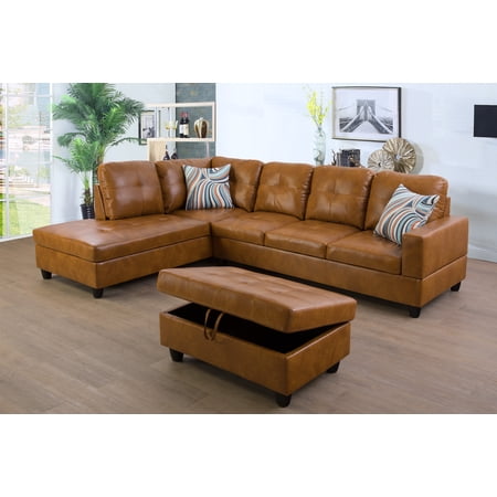 Golden Furniture 3PCS L Shape Faux Leather Sectional Sofa Set, Living Room Sofa Set with Storage Ottoman and Matching Pillows