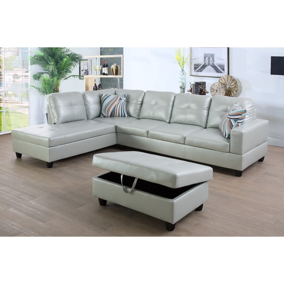Golden Furniture 3PCS L Shape Faux Leather Sectional Sofa Set, Living Room Sofa Set with Storage Ottoman and Matching Pillows