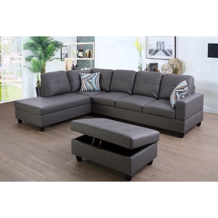 Golden Furniture 3PCS L Shape Faux Leather Sectional Sofa Set, Living Room Sofa Set with Storage Ottoman and Matching Pillows