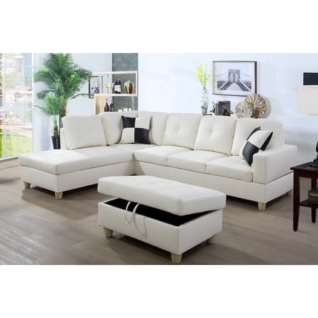 Golden Furniture 3PCS L Shape Faux Leather Sectional Sofa Set, Living Room Sofa Set with Storage Ottoman and Matching Pillows