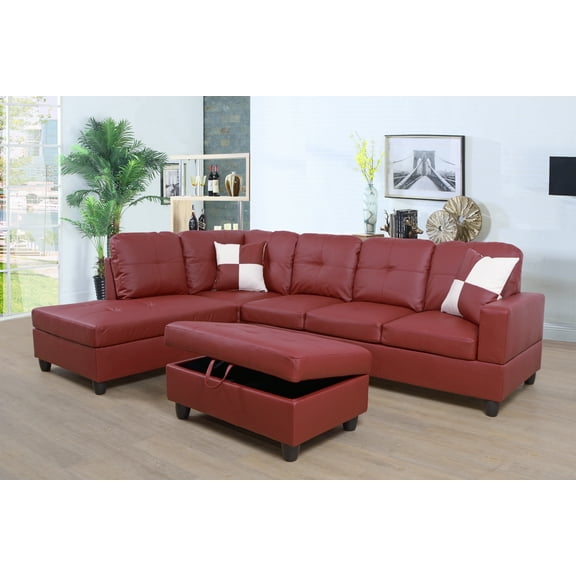 Golden Furniture 3PCS L Shape Faux Leather Sectional Sofa Set, Living Room Sofa Set with Storage Ottoman and Matching Pillows