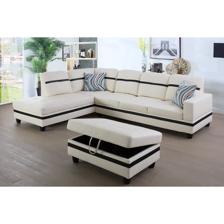 Golden Furniture 3PCS L Shape Faux Leather Sectional Sofa Set, Living Room Sofa Set with Storage Ottoman and Matching Pillows