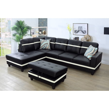 Golden Furniture 3PCS L Shape Faux Leather Sectional Sofa Set, Living Room Sofa Set with Storage Ottoman and Matching Pillows