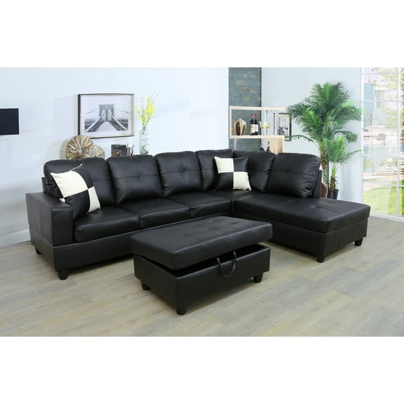 Golden Furniture 3PCS L Shape Faux Leather Sectional Sofa Set, Living Room Sofa Set with Storage Ottoman and Matching Pillows