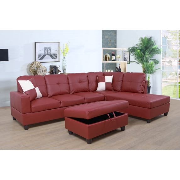 Golden Furniture 3PCS L Shape Faux Leather Sectional Sofa Set, Living Room Sofa Set with Storage Ottoman and Matching Pillows