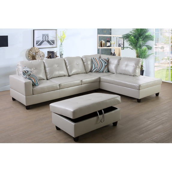 Golden Furniture 3PCS L Shape Faux Leather Sectional Sofa Set, Living Room Sofa Set with Storage Ottoman and Matching Pillows
