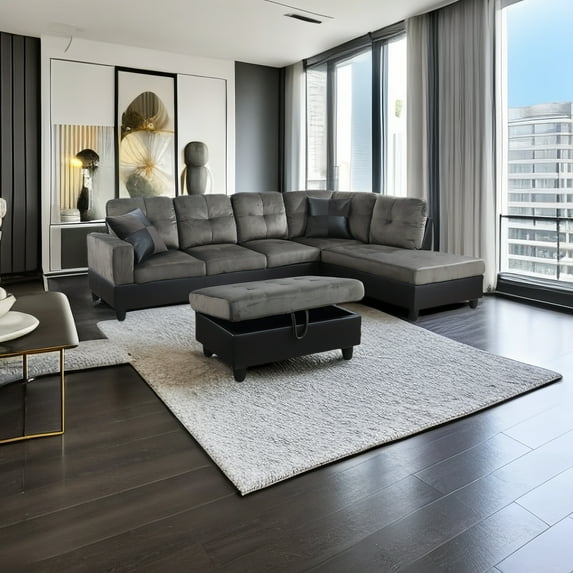 Golden Furniture 3PCS L-Shaped Microfiber Sectional Sofa Set, Living Room Set with Storage Ottoman and Matching Pillows