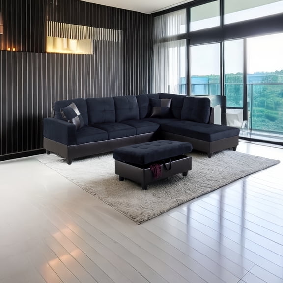 Golden Furniture 3PCS L-Shaped Microfiber Sectional Sofa Set, Living Room Set with Storage Ottoman and Matching Pillows