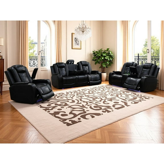 Golden Furniture Black Breathing Leather 3-Piece Living Room Power Recliner Sofa Set
