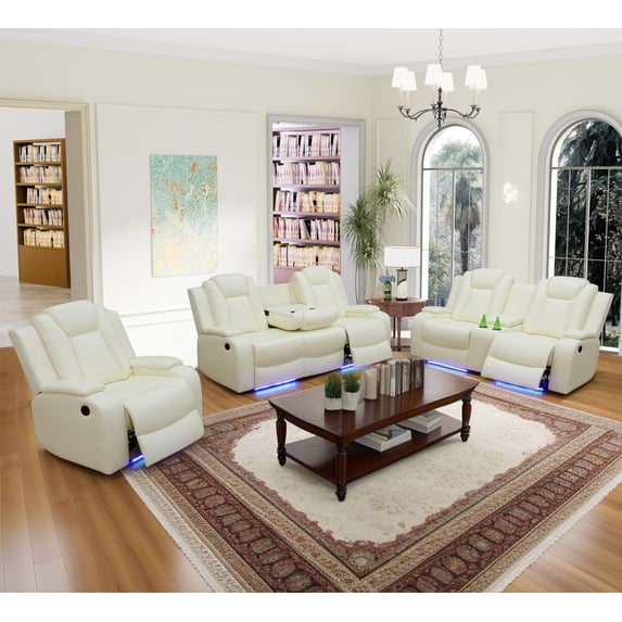 Golden Furniture Leather Power Recliner Sofa Set with LED Lights and USB Chargers - White Leather Living Room Furniture Set SOFA+LOVESEAT+CHAIR