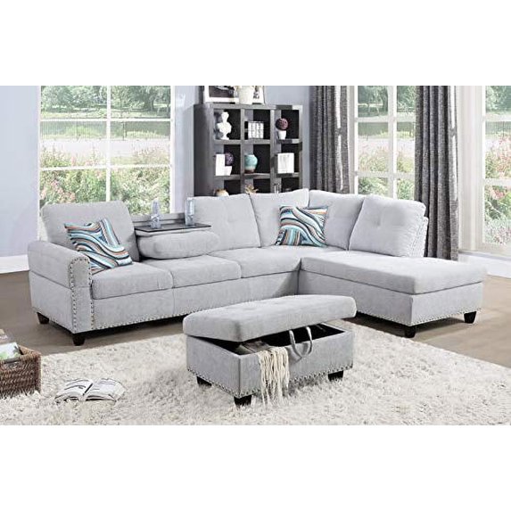 Golden Furniture Living Room Sectional Sofa Set, Linen Fabric Sectional Sofa Couch Set with Storage Ottoman