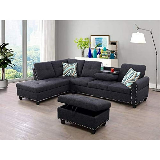 Golden Furniture Living Room Sectional Sofa Set, Linen Fabric Sectional Sofa Couch Set with Storage Ottoman