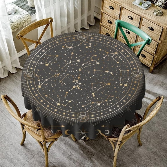 Golden Galaxy Table Cloth, Magical Outline Celestial Zodiac Constellation Round Tablecloth for Home Dining Kitchen Wedding Parties 60x60nch