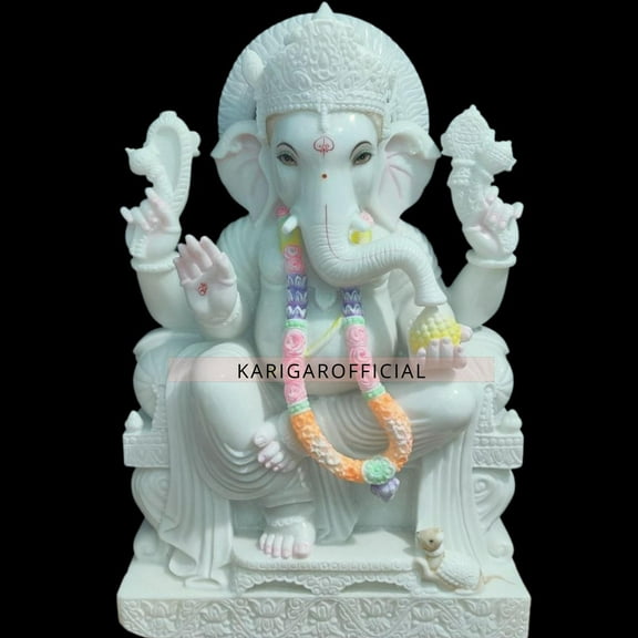 Golden Ganesha Statue, Large 36 inches Ganesh Murti, Hindu Religious Prosperity God, White Gold Good Luck Elephant, Marble Ganapati Idol, Vinayak Deity Home Temple Office Housewarming Gifts Sculpture