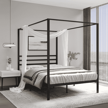 AMBEE21 Golden Gate Beds Canopy Metal Bed Frame with Headboard – Wrought Iron Platform Design, Sturdy Slatted Base, No Box Spring Needed, Underbed Storage Space – Full, Black