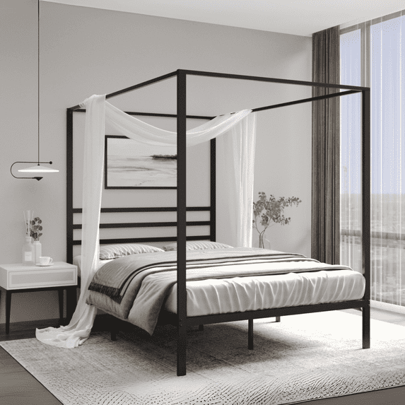 Golden Gate Beds Canopy Bed Frame with Four Poster Design, Strong Metal Slats and Built-in Headboard, Fits Drapes or Curtains, No Box Spring Needed, Girls or Teen Princess Style, Black, Queen Size