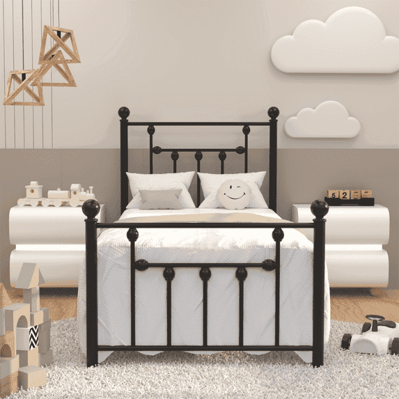 Golden Gate Beds Victorian Bed Frame Elegant Vintage Style - Metal Steel Platform, Wrought Iron Headboard and Footboard, Sturdy Heavy Duty High Ground Design, No Box Spring Needed - Black, Twin Size