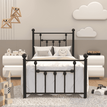 Golden Gate Beds - Victorian Twin Size Black Iron Bed Frame with Headboard & Footboard, 1000 lbs Capacity, Heavy Duty Metal Platform, No Box Spring Needed - Metal Twin Bed Frame with Headboard