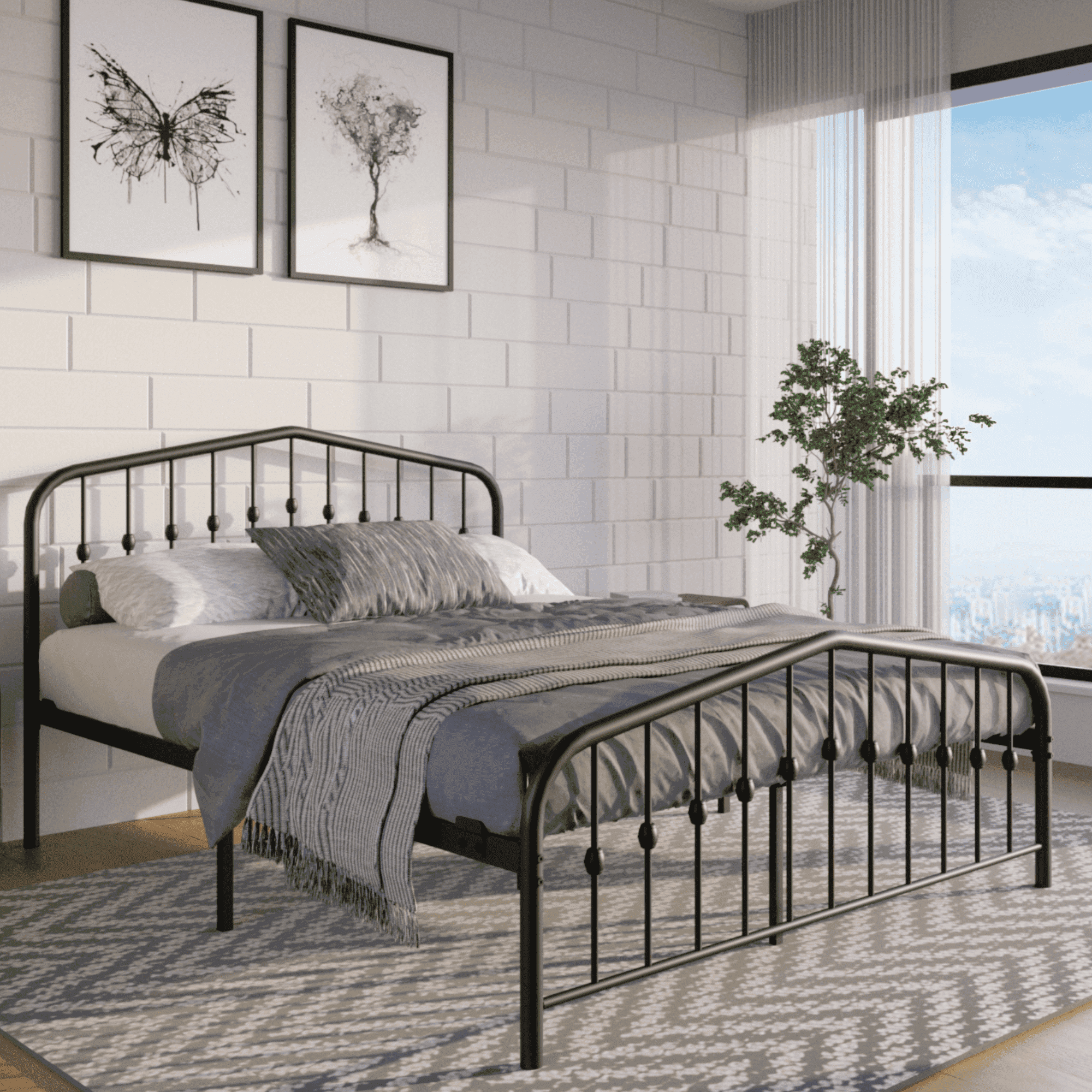 Golden Gate Beds Washington Metal Platform Bed Frame with Antique Victorian Wrought Iron-Art Headboard and Footboard, Classic Vintage Art Deco Style Foundation, No Box Spring Needed, Black,Queen Size