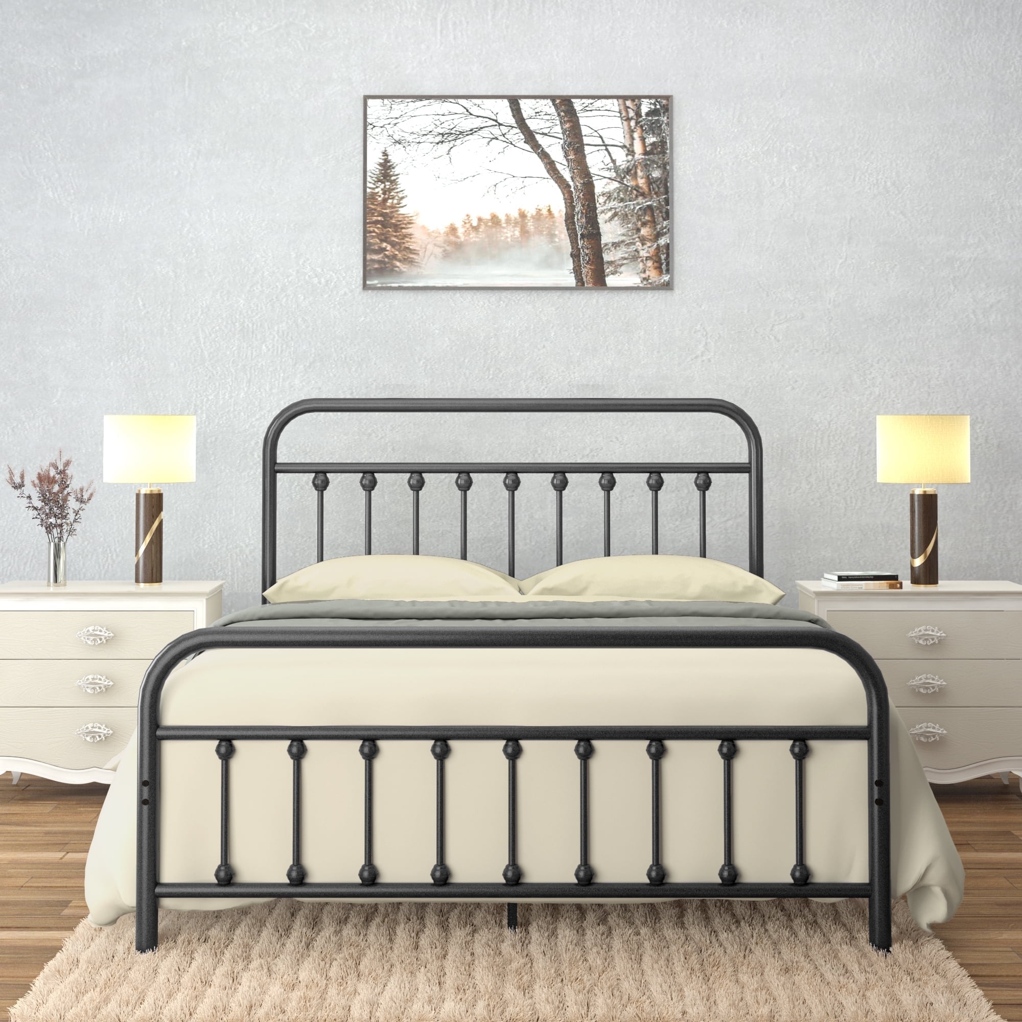 Golden Gate Beds Victorian Vintage Style Metal Bed Frame with Wrought Iron Headboard and Footboard, Classic Platform Bedframe Storage, No Box Spring Needed, Mattress Foundation, Black,California King