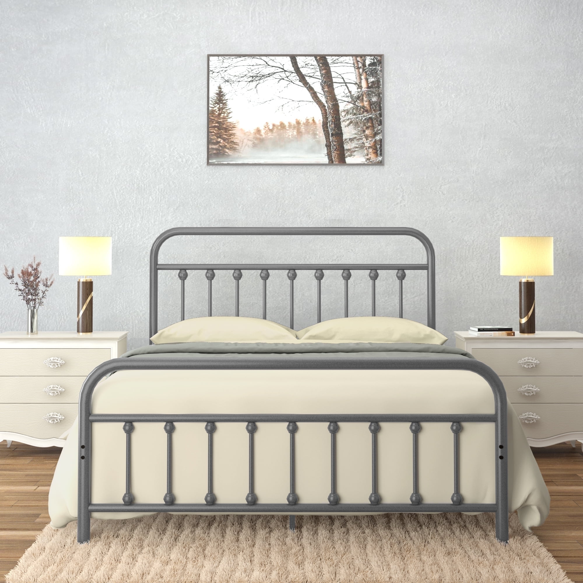 Golden Gate Beds Vintage Wrought Iron Bed Frame with Classic Metal Platform Base, Headboard and Footboard, No Box Spring Needed, Easy Assembly, Mattress Foundation, Sleek Silver Finish - Full Size