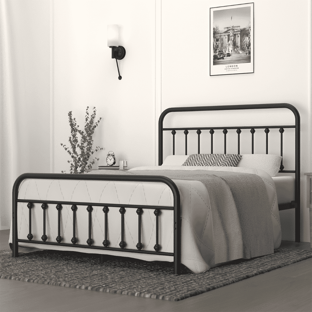 Golden Gate Beds Victorian Vintage Style King Size Metal Bed Frame with Wrought Iron Headboard and Footboard – Classic Platform Bed with 11" Storage Space, No Box Spring Required, Black Finish
