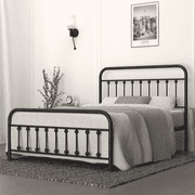Golden Gate Beds Victorian Vintage Style King Size Metal Bed Frame with Wrought Iron Headboard and Footboard   Classic Platform Bed with 11" Storage Space, No Box Spring Required, Black Finish