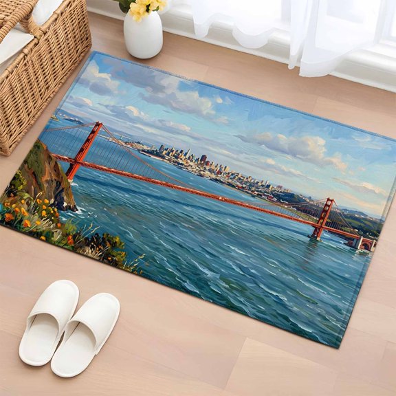 Golden Gate Bridge 2'x3' Rug for Entryway Front Door Kitchen Sink Area, San Francisco Coastal Low Pile Washable Non Slip Rectangle Area Rug