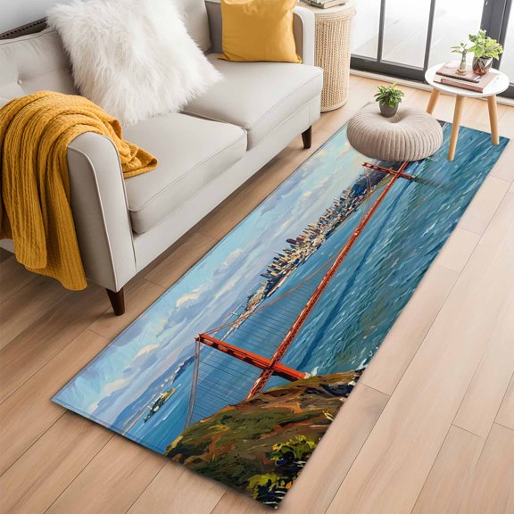Golden Gate Bridge 2'x6' Runner Rug for Hallway Walkway Kitchen Galley, San Francisco Coastal Low Pile Washable Non Slip Long Area Rug