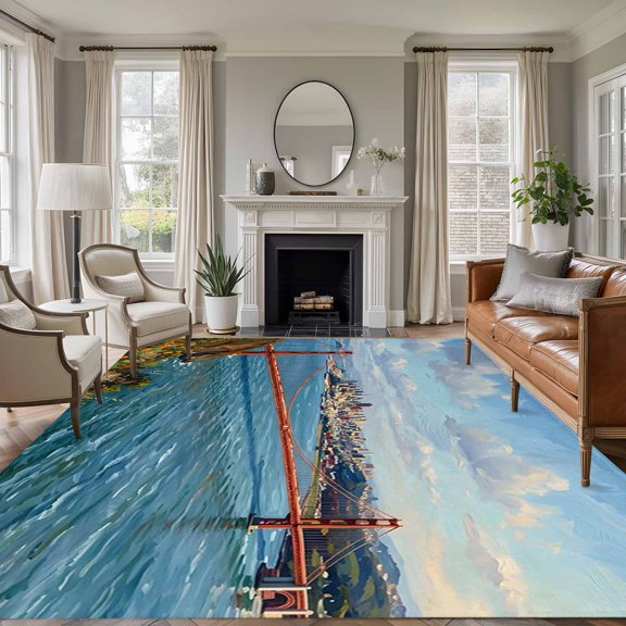Golden Gate Bridge 8'x10' Large Area Rug for Living Room Sectional Sofa, San Francisco Coastal Washable Non Slip Low Pile Rectangle Area Rug