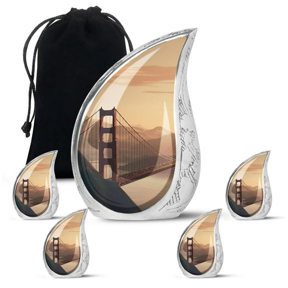 Golden Gate Bridge At Dawn Large Burial Urns For Human Ashes Adult Father - Tiny Urn For Ashes Adult Dad - Handmade Unique Gifts For Decorative Combo 10Inch 200Lbs And 3Inch 4 Keepsake Urn