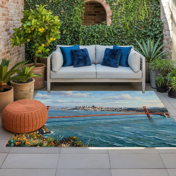 Golden Gate Bridge Indoor Outdoor Rugs 4x6 Ft, San Francisco Coastal Outdoor Patio Rugs Mat Washable Outside Area Rugs Carpet for Porch Deck RV Camping Pool Balcony Backyard
