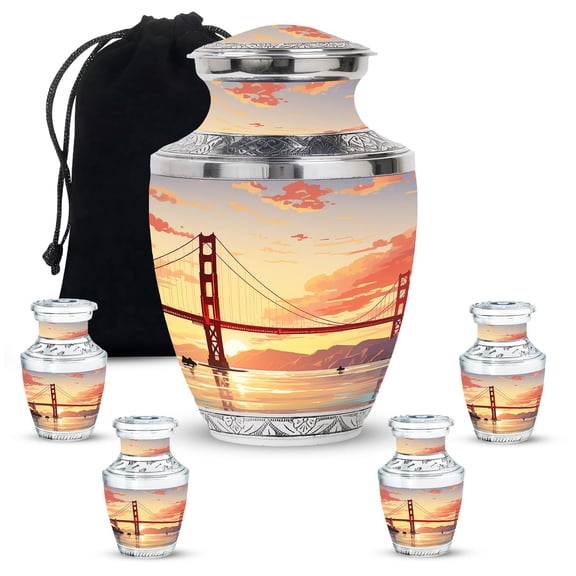 Golden Gate Bridge Mini Burial Urn For Ashes For Women - Large Cremation Urns For Men - Handmade Decorative Gifts For Cremains Combo 10Inch 200Lbs And 3Inch 4 Keepsake Urn