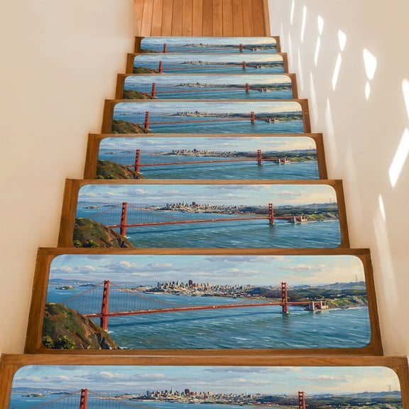 Golden Gate Bridge Non-Slip Stair Treads for Wooden Steps, 4 Pack 8x30 Inches Carpet Stair Mats with Adhesive Backing, Noise-Reducing Step Covers for Indoor Stairs, Easy to Install & Residue-Free