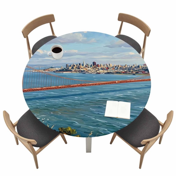 Golden Gate Bridge Round Fitted Table Cover San Francisco Coastal Waterproof Table Cloth with Elastic Edge Wipeable Tablecloth for Picnic Camping Party Fits 36"-44" Tables