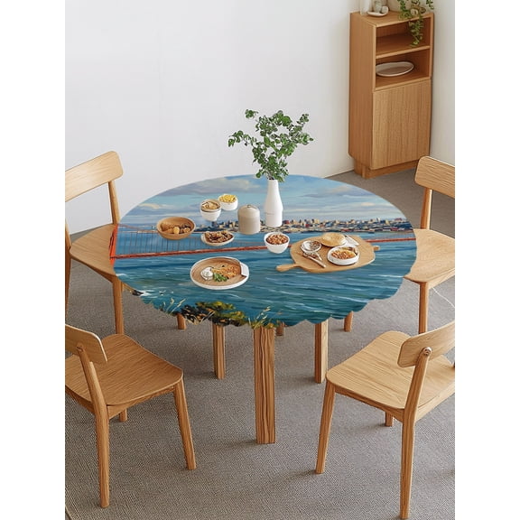 Golden Gate Bridge Round Fitted Tablecloth with Elastic Edge, San Francisco Coastal Waterproof Stretch Table Covers for 36"-44" Tables Wipeable Table Cloth for Outdoor
