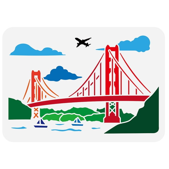 Golden Gate Bridge Stencil 8.3x11.7inch Reusable Bridge Pattern Painting Template Chain Bridge River Cloud Airplane Ship Decoration Stencil