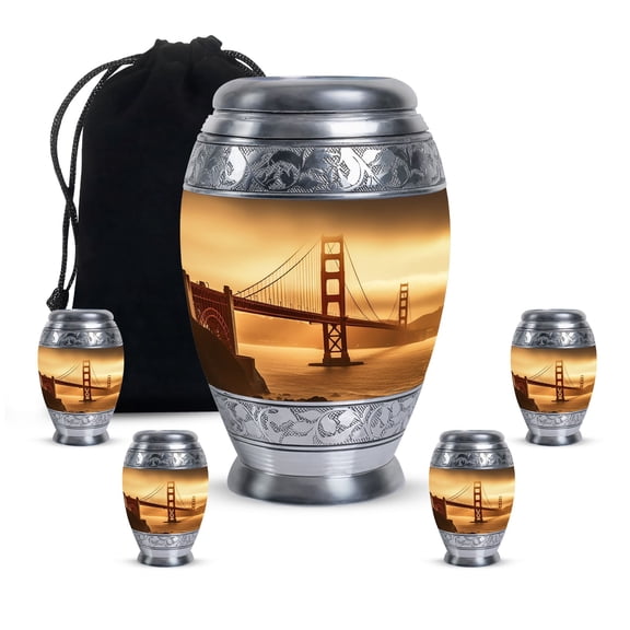 Golden Gate Bridge At Sunset Large Urn For Ashes Adult Male And Female - Memorial Tiny Urn For Ashes For Women - Handcrafted Burial Gifts For Decorative Combo 10Inch 200Lbs And 3Inch 4 Keepsake Urn
