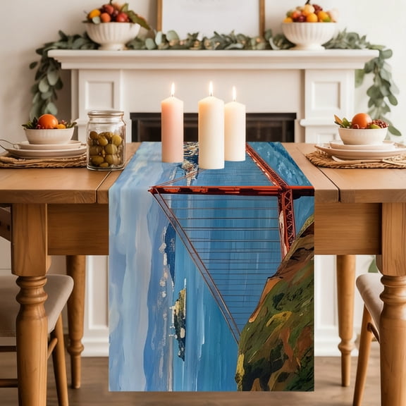 Golden Gate Bridge Table Runner, San Francisco Coastal Washable Cotton-linen Table Runners Dining Kitchen Decoration for Everyday Home Wedding Party Decor, 13 x 36 Inch