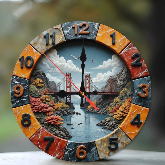 Golden Gate Bridge Wall Clock Decorative Art 10-Inch Silent Wooden Wall Clock, Battery Operated (AA Batteries Not Included), Artistic Home Decor