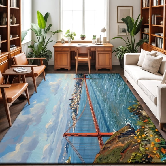 Golden Gate Bridge Washable Area Rug 9 x 12 ft San Francisco Coastal, Soft Non Slip Rugs Stain Repellent Indoor Felt Carpet for Living Dining Room Bedroom Home Office
