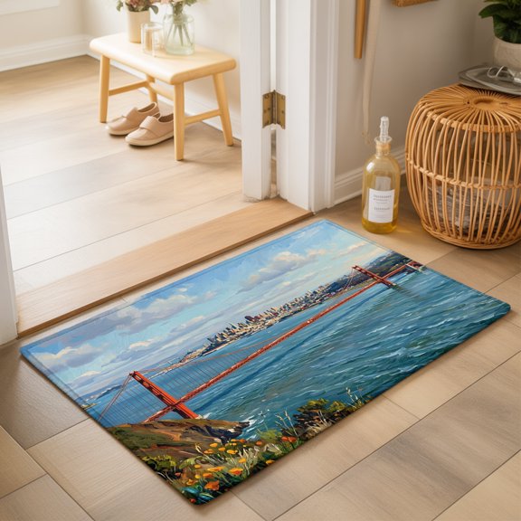 Golden Gate Bridge Washable Small Entryway Area Rugs 2'x3', San Francisco Coastal Washable Throw Rug Non-Slip Sturdy Edge Binding Carpet for Front Door Floor Room Entry