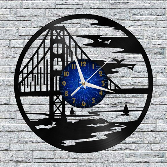 Golden Gate Bridge city View Vinyl Wall Clock, Vinyl Record Clock Wall Art Silent & Non-ticking(12 inchs B)
