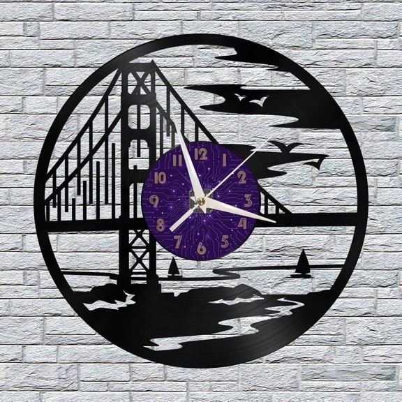Golden Gate Bridge city View Vinyl Wall Clock, Vinyl Record Clock Wall Art Silent & Non-ticking(12 inchs P)