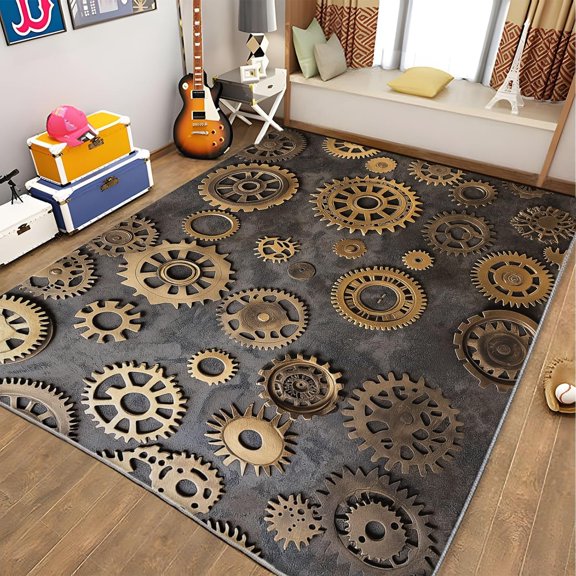 Golden Gear Area Rugs, Industrial Steampunk Carpet, Washable Non Slip Low Pile Soft Rug for Living Room Bedroom Office Dining Room Home Decor Mat 5x8ft
